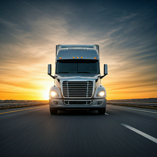 Modern semi-truck on an American highway at sunrise